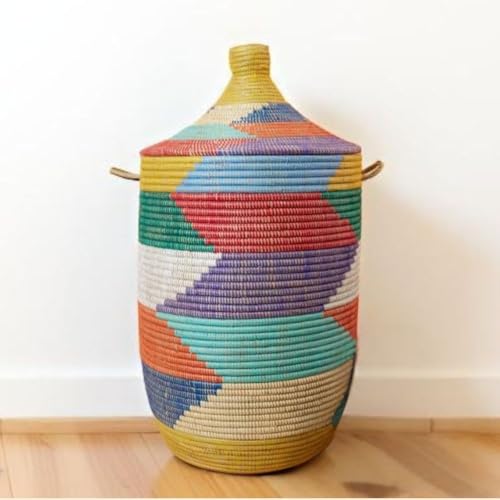 Large Decorative African Basket with Lid and Handles, Rainbow Colors, 18 Inch Wide, 30 Inch Tall - color: Colorful