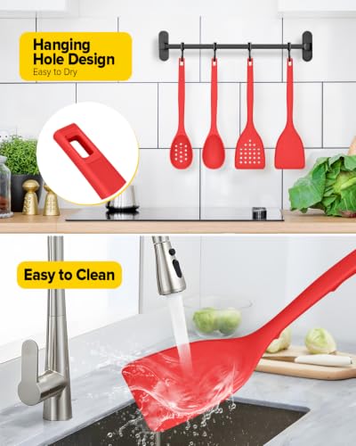 Pack of 4 Silicone Cooking Utensils Set, Non Stick Solid Spatulas and Heat Resistant Slotted Spoons with Back Hooks, Ideal BPA Free Kitchen Utensils Set for Frying,Serving,Turning,Stirring (RED) - color: Red