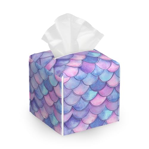Mermaid Scales Tissue Box Cover Holder,Leather Tissue Case Holder Facial Paper Organizer Decorative for Tabletop Night Stands Desk Bathroom Kitchen Car Office Home Decor - color: Mermaid Scales