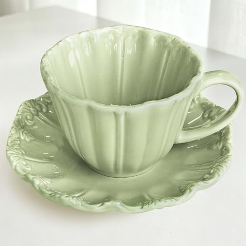 8oz Tea Cups and Saucers, Ceramic Latte Cup,Relief Cappuccino Cup and Saucer Set, Elegant Porcelain Tea Cups, Espresso Cup Set Dishwasher & Microwave Safe,Green - color: Green