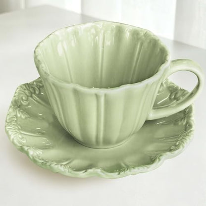 8oz Tea Cups and Saucers, Ceramic Latte Cup,Relief Cappuccino Cup and Saucer Set, Elegant Porcelain Tea Cups, Espresso Cup Set Dishwasher & Microwave Safe,Green - color: Green