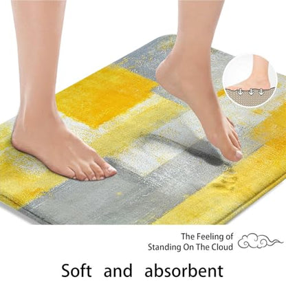 Bathroom Rug Set of 3, Bath Mats Abstract Art | Painting Yellow Grey 3 Pieces No Silp Washable Cover Floor Rug Decorations for Kitchen Bathroom