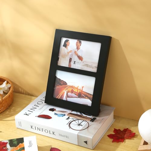 4x6 2-Opening Collage Frame Black Wood | Two 4x6 openings, shatter-resistant glass, tabletop & wall mount - size: 4x6 - 2 Opening
