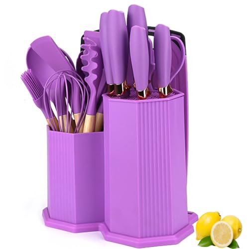 Kitchen Utensils Set,19 Pcs Cooking Tools and Knives Set,Cutting Board, Silverware Set, with Utensil Holder Precision Cutting and Organized Dining Kitchen Tool (Black) - color: Black