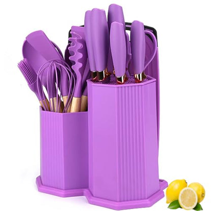 Kitchen Utensils Set,19 Pcs Cooking Tools and Knives Set,Cutting Board, Silverware Set, with Utensil Holder Precision Cutting and Organized Dining Kitchen Tool (Black) - color: Black