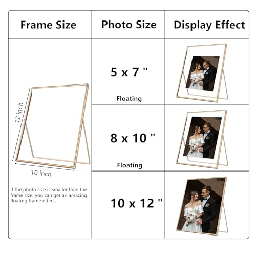 Gold 10x12 Floating Frame 2 Pack for Photo Sizes(7x9''8x10'',8.5x11''),Adjustable Tabletop/Shelf Floating Picture Frame 8x10'',Classy Gift Choice for Wedding,Christmas,Home or Office Decor - size: 10x12''(2PK)