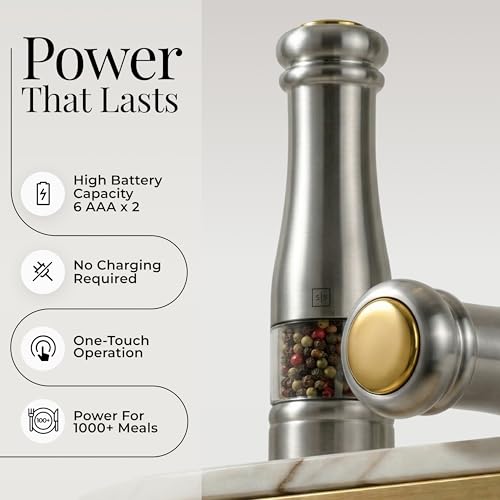 Styled Settings Electric Salt and Pepper Grinder Set, Silver | Automatic Stainless Steel Grinders, LED Light, Battery Operated, Adjustable Coarseness, Wood Base, Salt And Pepper Mill Set - color: Silver