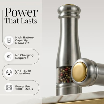 Styled Settings Electric Salt and Pepper Grinder Set, Silver | Automatic Stainless Steel Grinders, LED Light, Battery Operated, Adjustable Coarseness, Wood Base, Salt And Pepper Mill Set - color: Silver