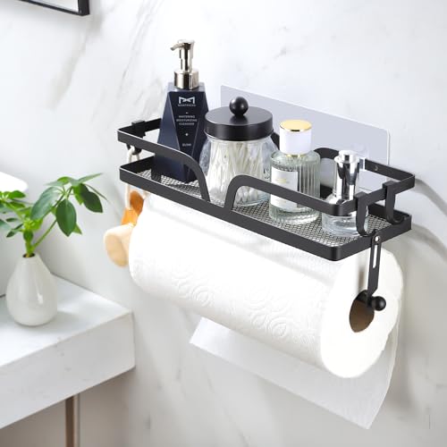 Taozun Paper Towel Holder with Shelf, Kitchen Paper Holder Spice Rack Black Paper Towel Roll Holder RV Paper Towel Rack with 4 Hooks(2 Installation Methods - Self-Adhesive and Drilling) - style: SP004 Black