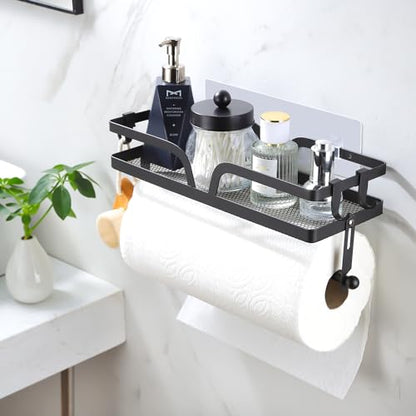 Taozun Paper Towel Holder with Shelf, Kitchen Paper Holder Spice Rack Black Paper Towel Roll Holder RV Paper Towel Rack with 4 Hooks(2 Installation Methods - Self-Adhesive and Drilling) - style: SP004 Black