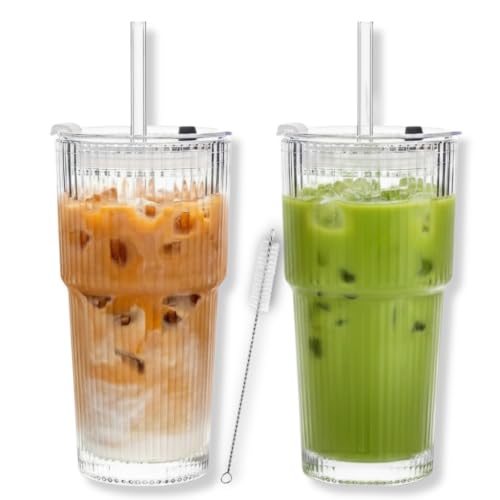 Premium Iced Coffee Cups with Lids and Straws | 20oz Ribbed Glass Cups | Set of 2 | Clear Borosilicate Glass Tumblers | Reusable Iced Tea and Matcha Cup | Dishwasher Safe | for Cold Drinks