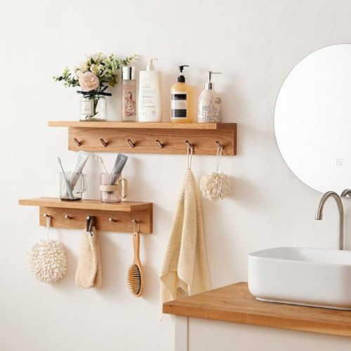 Oak Wood Coat Rack Wall Mount With Shelf 20 Inch Long, 5 Hooks, Floating Entryway Wall Shelf for Bathroom, Hallway, Living Room - size: 20 Inch