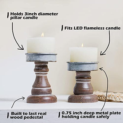 GenMous&Co. Decorative Candle Holders Pedestal Rustic Wood for Pillar Candle Farmhouse Candlestick Holder Galvanized Plate for Mantel, Dining Table, Centerpiece,Coffee Bar,Set of 2（Brown