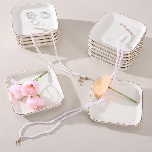12 Pack Ceramic Jewelry Trays, 4.53 Inch Square Jewelry Dish with Gold Rim, Small Ring Dish Holder for Dresser Vanity, Stackable Decorative Tray, Earring Organizer for Display