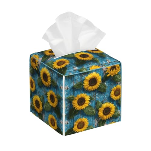 Sunflower Tissue Box Cover Square,Wood Board Farmhouse Tissue Box Holder Waterproof Leather Facial Paper Organizer Dispenser for Bathroom Home Car Kitchen Nightstand Vanity Desk Decoration - color: Sunflower