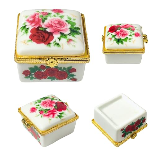 Tiny Square Porcelain Trinket Box | Pink Rose Bouquet | French Style Gift Box with Velvet Bag - style: Pink Rose Bouquet Square
