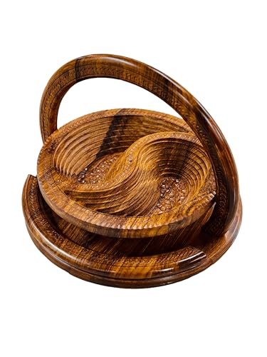 Handmade 12″ Collapsible Wooden Basket, 2-Compartment Yin-Yang Design in Himalayan Rosewood, Fruit Basket, Bread Bowl & Trivet, Folds Flat for Easy Storage – Unique Centerpiece & Gift