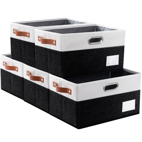 Larger Foldable Storage Bins with Handles [5-Pack] Fabric Collapsible Storage Boxes Baskets Cubes Containers with Handles for Closet Living Room Bedroom (Black & White 17.3x12.2x10.4'') - color: Black & Cream, size: Jumbo(5-Pack)