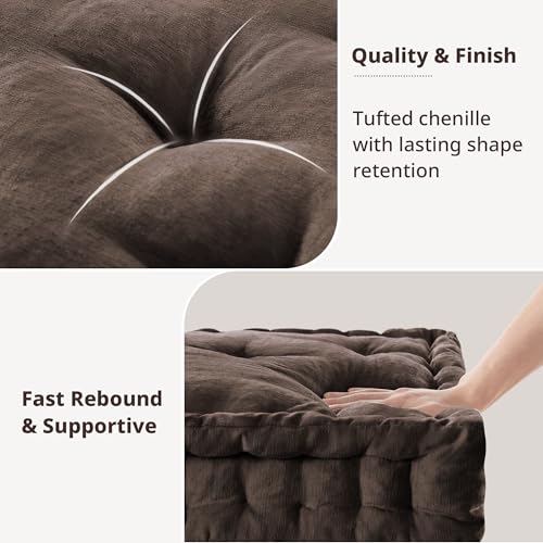 Intelligent Design Floor Pillow Large Meditation Cushion, 20x20 Brown | Sitting for Adults Yoga, Shredded Foam Filled, Chenille Tufted Cover, Handsewn Scalloped Edge, OEKO-TEX Certified - color: Brown