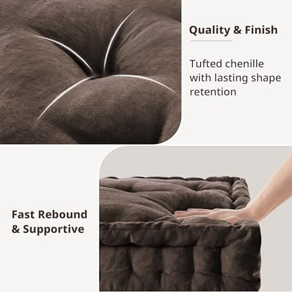 Intelligent Design Floor Pillow Large Meditation Cushion, 20x20 Brown | Sitting for Adults Yoga, Shredded Foam Filled, Chenille Tufted Cover, Handsewn Scalloped Edge, OEKO-TEX Certified - color: Brown
