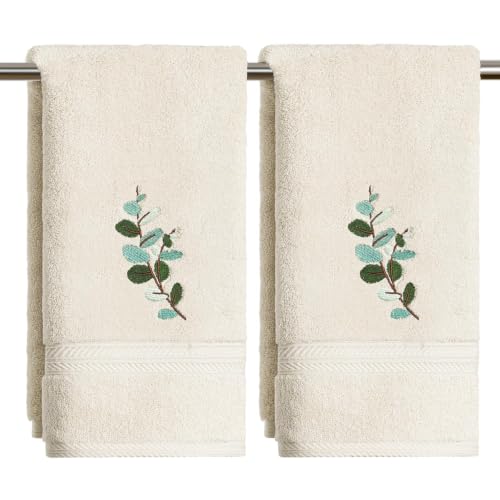 Artoid Mode 2 Pcs Beige Plant Eucalyptus Embroidered Hand Towels for Bathroom, Cotton Soft Absorbent Farmhouse Decor Towels, 13.7 x 29.5 Inch - color: Beige, size: 13.7" x 29.5", 2PCS