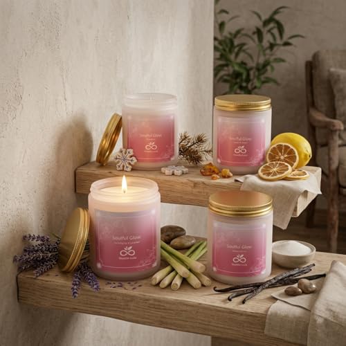 Soulful Glow Scented Candles Set, 4-Pack | Soy Wax Jar Candles, Essential Oils, Long Burning, Aromatherapy, Gift Set for Birthday Mothers Day Housewarming