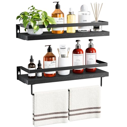 Amada Bathroom Shelves with Towel Bar, Set of 2, Black | Floating Shelves with Detachable Towel Bar, Protective Metal Guards, Paulownia Wood, Bathroom, Living Room & Kitchen Storage - color: Black