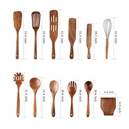 Kitchen Utensils Set, NAYAHOSE 12 Pcs Teak Wooden Cooking Spoons Spatula Spurtles Kit with Spoon Rest Whisk, Non-stick Natural Kitchen Tools - style: 12Pcs Set