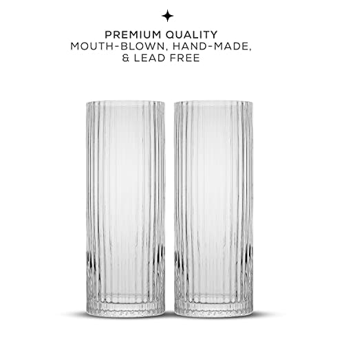 JoyJolt Elle 16oz Fluted Highball Glasses Set of 2, Ribbed Tall Cocktail Tumblers for Gin Juice Water, Vintage Style Drinking Glasses - style: Highball Glasses