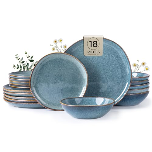 AmorArc Ceramic Dinnerware Sets for 6, 18Pcs Plates and Bowls Sets Dishes | Stoneware Handmade Reactive Glaze Dinner Set, Highly Scratch Resistant | Dishwasher & Microwave Safe Dishware - color: Sky Blue, size: Service for 6
