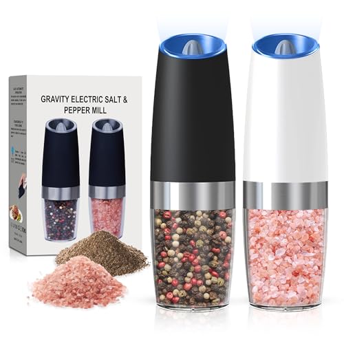 Battery Operated Salt And Pepper Grinder Set 2 Pack (Black+White) | Gravity-Activated Automatic Grinder With Led Light & Adjustable Coarseness, Each Uses 6 Aaa Batteries,Kitchen Daily Seasoning - color: Battery/2pcs/Black+White