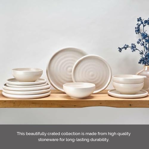 Mikasa Declan 12 Piece Stoneware Dinnerware Set, Service for 4, Modern Plate and Bowl with High Rims for Everyday Use, Beige