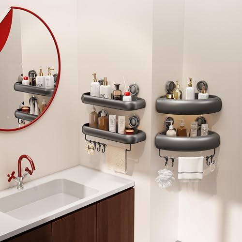 CICUFY Shower Caddy Suction Cup, 1 Pack No Drilling Corner Shower Shelves, Rust Proof Bathroom Storage Organizer, Shower Corner Caddy with Removable Hooks and Towel Bar, Square, Grey - style: Square Gray (1 Pack )