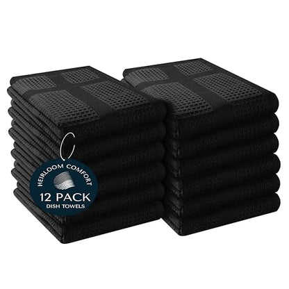 12 Pack Black Waffle Weave Kitchen Towels, 16x26 Inch, 100% Cotton Dishcloth Set, Super Absorbent, Fast Dry, Teal Towels, Soft Hand Towel, Dish Rags, Wash Cloth, Cleaning, Durable - color: Black, style: 12 Pack