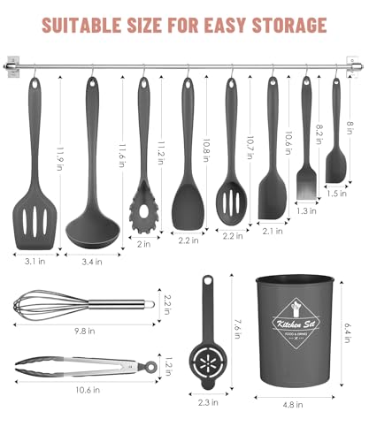 Gray Kitchen Utensils Set-12 Pieces Silicone Cooking Utensils Set | Dishwasher Safe 392°F Heat Resistant Spatula Set Kitchen Utensil Set for Nonstick Cookware,Best Kitchen Tools with Holder - color: Gray