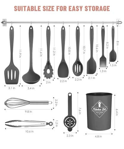 Gray Kitchen Utensils Set-12 Pieces Silicone Cooking Utensils Set | Dishwasher Safe 392°F Heat Resistant Spatula Set Kitchen Utensil Set for Nonstick Cookware,Best Kitchen Tools with Holder - color: Gray