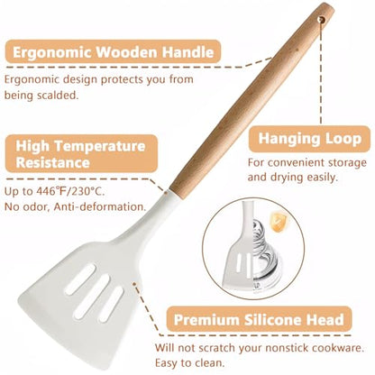 Kitchen Cooking Utensils Set 6Pcs Non-Stick Silicone Kitchen Utensils Spatula Spoon Turner Ladle Pasta Server, Heat Resistant Wooden Handle Silicone Cooking Gadgets Sets for Cookware & Baking - color: White, size: Standard 6-Piece Set