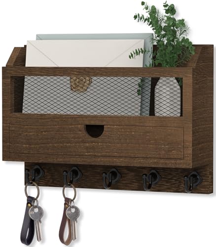 Nekon Key and Mail Holder for Wall, Key Organizer with 5 Hooks & Storage Drawer, 11" W x 7.9" H x 3.1" D Wooden Key Rack for Entryway and Home Decor (Brown) - color: Brown