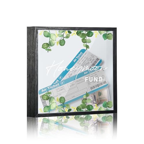 Honeymoon Fund Box, 8×8 Wedding Shadow Box Frame with Slot, Watercolor Eucalyptus Wedding Money Saving Decoration for Reception Bridal Shower, Travel Fund Memory Keepsake Gift -A19 - size: 8×8 watercolor eucalyptus