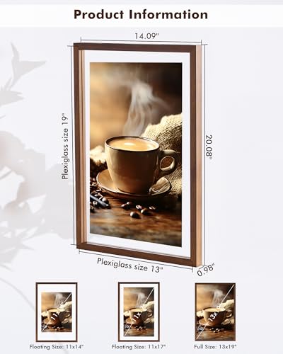 DLQuarts 13x19 Floating Picture Frame for 11x17/11x14 Photos, 2-Pack Solid Wood Double Plexiglass Wall Art Frames, Any Size Photo up to 13x19 Display, Black Walnut - color: Black Walnut, size: 13x19