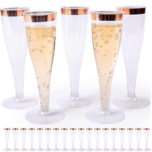 Prestee Set of 24 Plastic Champagne Flutes with Rose Gold Rim - 4.5 oz - Shatterproof Disposable Glasses - Elegant Design - Ideal for Weddings, Cocktail Parties, and Outdoor Celebrations - color: Rose Gold Rim, size: 24 Count (Pack of 1)