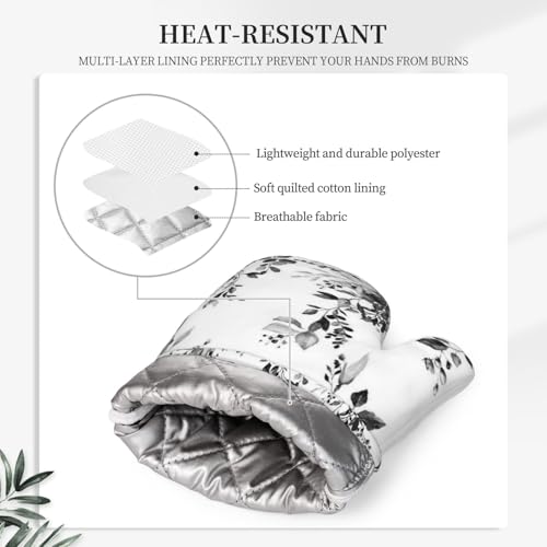 Black and White Eucalyptus Oven Mitts and Pot Holders Set, 4pcs Silicone Grey Watercolor Plant Leaves Oven Glove for Kitchen Heat Resistant Oven Mitts and Potholders Non-Slip for Cooking - color: Black White