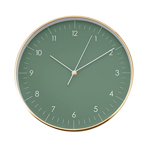 Modern Silent Quartz Wall Clock, 12in, Dark Green & Gold | Simple & Trendy, Gifting ideas, Analog, Easy-to-read, Battery operated, Wall mount, Mantel display, Bedroom, Bathroom - color: Dark Green, 12"