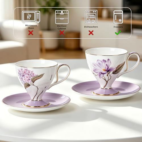 KAMMAK Tea Cups Set of 2,Ceramic Floral Pattern Demitasse Cup | Porcelain Espresso Cup with Saucer, 8.45 oz Handmade Elegant Bone China Tea Cups for Latte, Americano, Cappuccino - color: Magnolia & Hydrangea