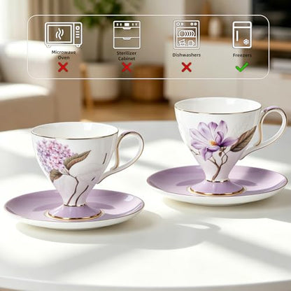 KAMMAK Tea Cups Set of 2,Ceramic Floral Pattern Demitasse Cup | Porcelain Espresso Cup with Saucer, 8.45 oz Handmade Elegant Bone China Tea Cups for Latte, Americano, Cappuccino - color: Magnolia & Hydrangea