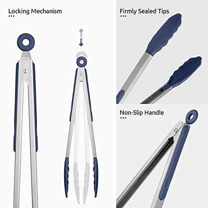 U-Taste 600ºF High Heat 12in Silicone Kitchen Tong and 600ºF Heat Resistat Spatula Spoon Flexible Silicone Cooking Scoop Spoonula (Midnight Blue)