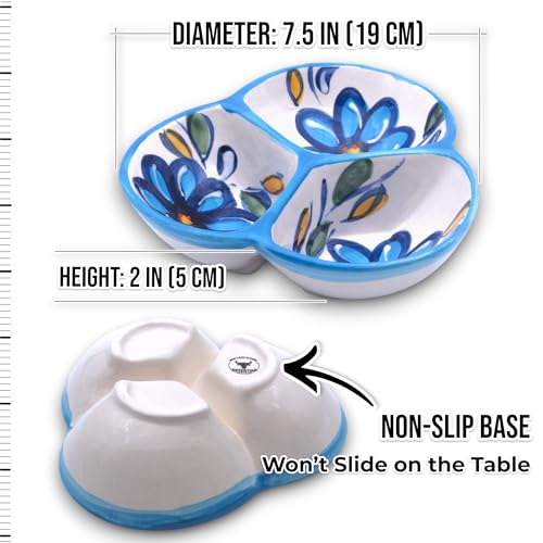 3-Compartment Ceramic Serving Dish, Handmade in Spain | 7.5” divided chip and dip bowl with lead-free glaze, microwave, oven and dishwasher safe, ideal for tapas, snacks and sauces - color: Blue Daisy