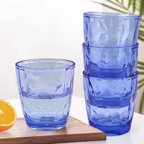 Plastic Glassware Tumbler Dishwasher Safe, Set of 4 Unbreakable Drinking Glasses, 10.5oz Reusable Acrylic Cups for Everyday Use (Blue) - color: Clear Blue
