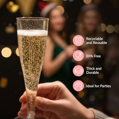 Prestee 200 Disposable Champagne Flutes Gold Glitter Glasses - 4.5 Oz Plastic Champagne Cups for Parties, Wedding Toasts, Mimosa Bar, and New Year’s Eve - Elegant Bulk Gold Plastic Wine Flutes | Disposable - color: Gold Glitter, size: 200 Count (Pack of 1