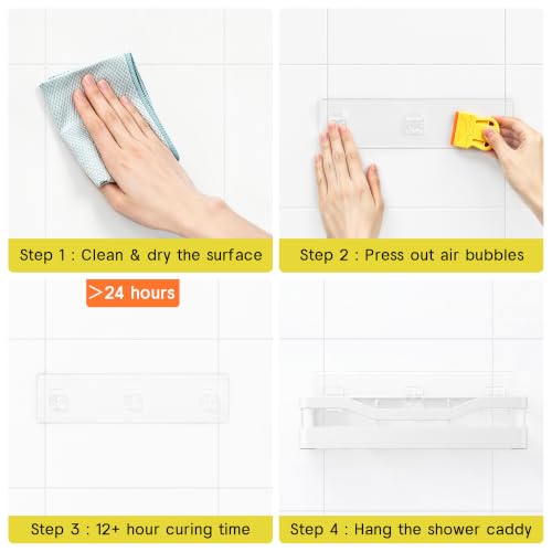 Heavy-Duty Adhesive Shower Shelves, White Storage Shelf | No Drill Wall Mounted Stainless Steel Shower Caddy Set with 44lbs Max Load, 0.43" Wire Spacing, Toothbrush & Soap Holder - color: White